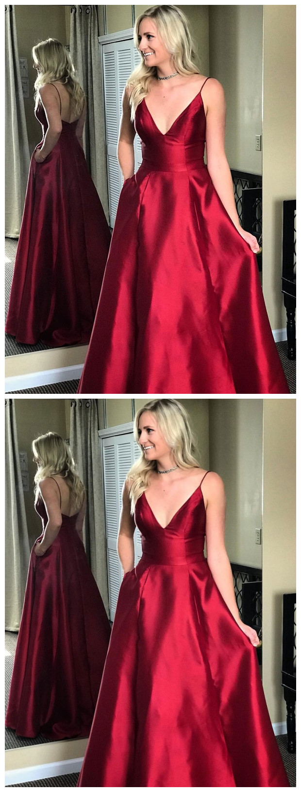Glitter Burgundy Spaghetti Straps V-Neck Formal Dresses