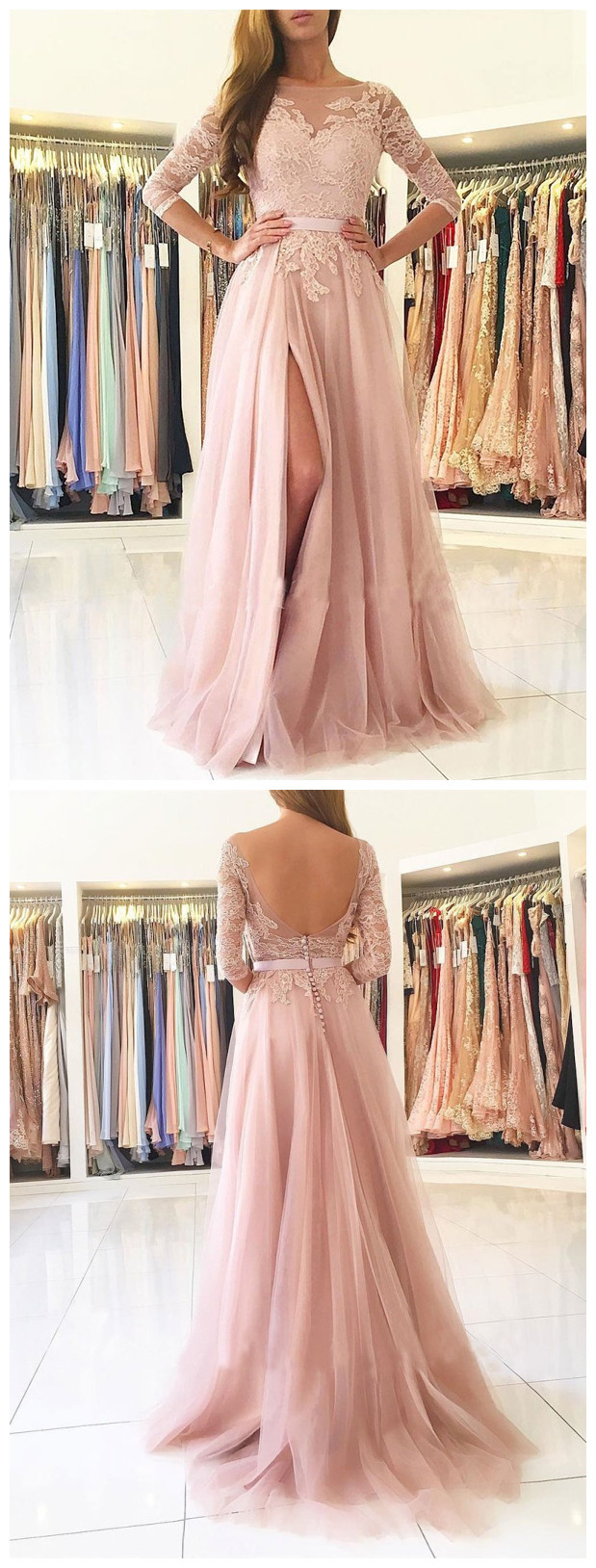 A-Line/Princess Illusion Neck Half Sleeves Floor-Length Prom Dresses with Sequin & Appliques