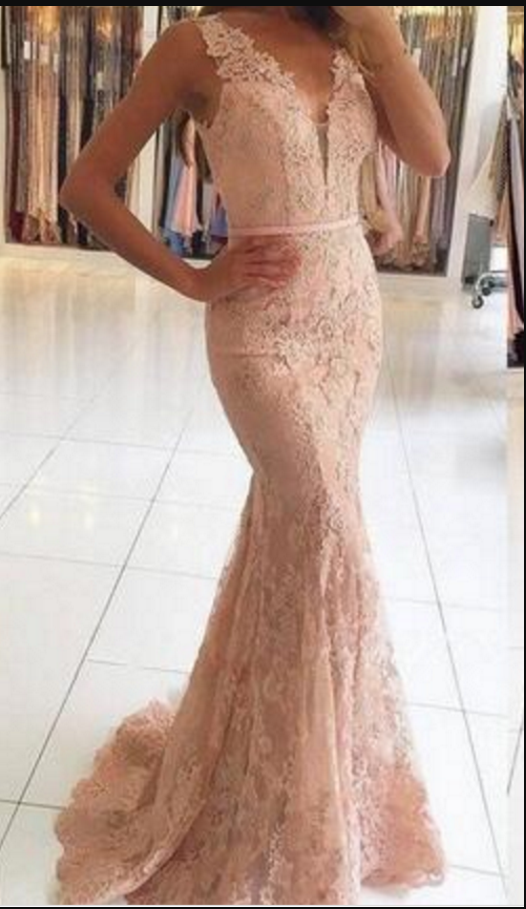 Pink Evening Dress, V Neck Evening Dress, Lace Applique Evening Dress, Mermaid Evening Dress, Elegant Evening Dress