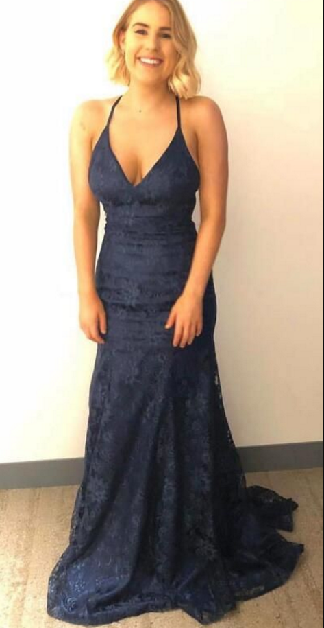 V-neck A Line Navy Blue Lace Mermaid Evening Dress, Sexy Sleeveless Formal Prom Dress
