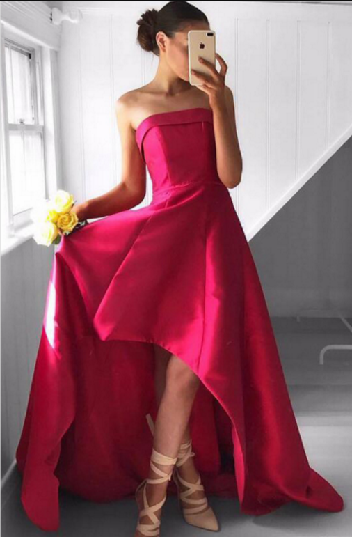 Red Strapless Formal Gown ,party Dress, Homecoming Dress With High Low Skirt Long Party Dress