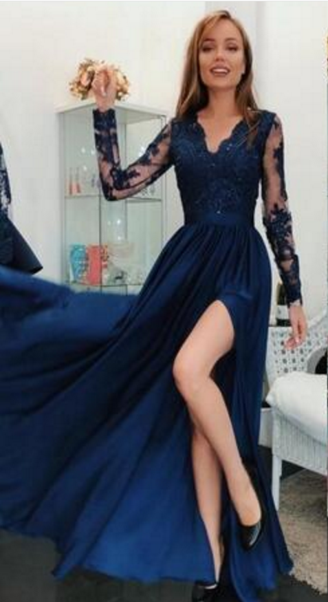 ,long Sleeve Evening Dress,side Split Formal Party Dress,banquet Dress