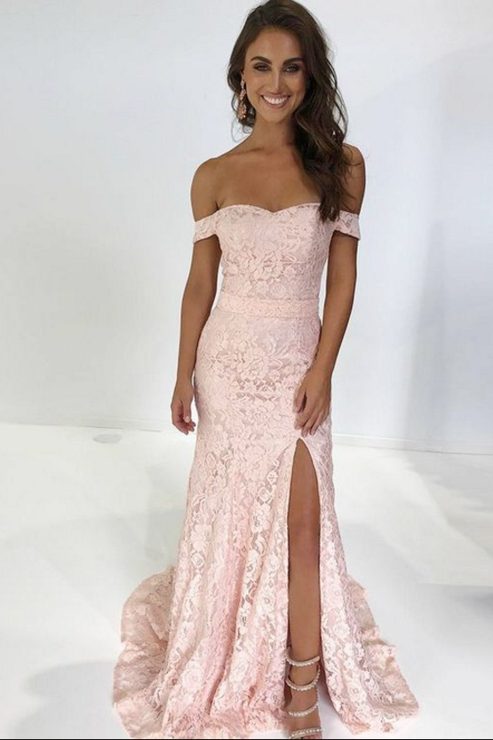Pink Lace Prom Dresses ,off The Shoulder Prom Dress,mermaid Evening Gowns,formal Women Party Dress