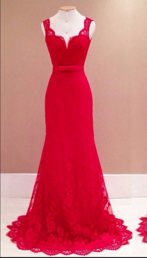 Real Photos Red Lace Prom Dresses Long Floor Length Evening Gowns Women