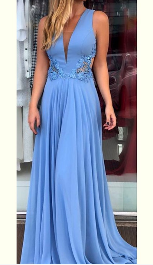 Long Lace Cap Sleeves Chiffon Gown with V Neck Sky Blue