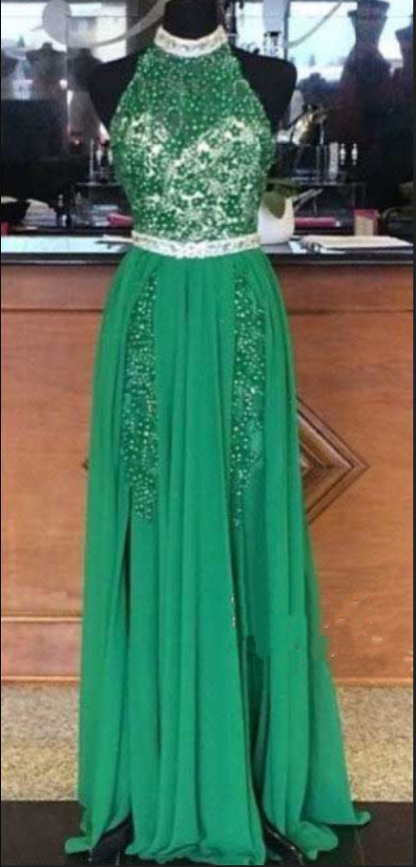 Halter Prom Dress,beaded Prom Dresses, Backless Evening Dress, Green Prom Dresses, Prom Dress, Affordable Prom Dress