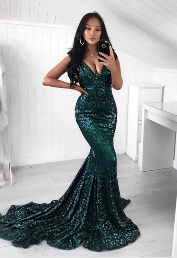 V Neck Dark Green Sequin Mermaid Prom Dress On Luulla