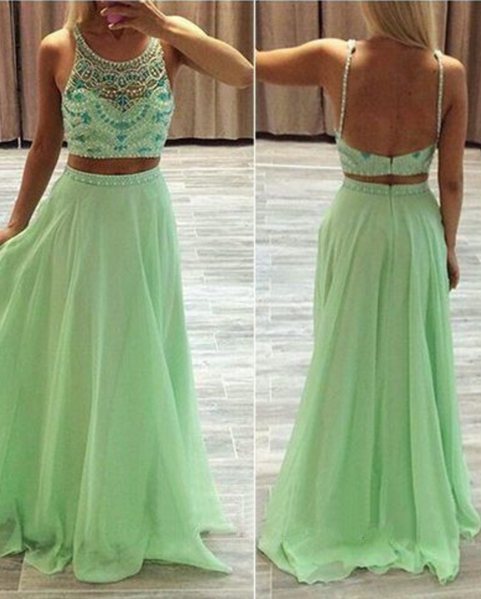 Custom High Quality Two Pieces Prom Dress , Two-piece Prom Dress,2 Piece Prom Dress,round Neck Prom Dress,beautiful Beading Prom Dress,evening
