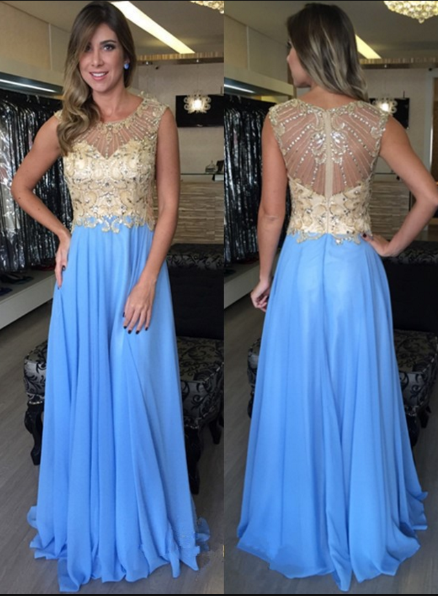 High Quality Prom Dress, Chiffon Prom Dress, Long Prom Dress, Beading Prom Dress, Lining Prom Dress, Scoop Neckline Prom Dress, Blue Prom Dress,