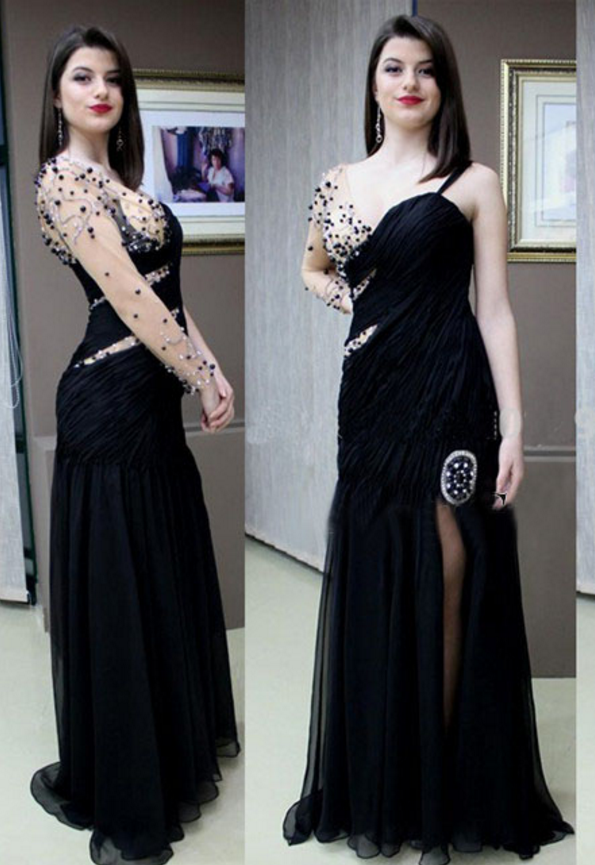 Charming Long One Shoulder Beading Long Sleeve Split Prom Dress With Train