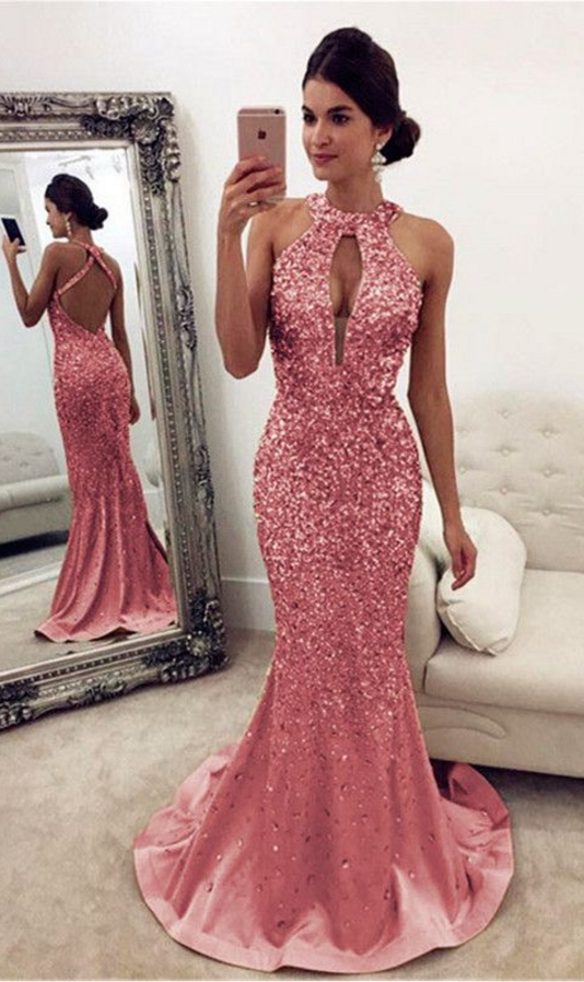 Luxurious Crystal Beaded Prom Dresses halter Open Back Mermaid Evening Dresses pink Prom Dresses ev on Luulla