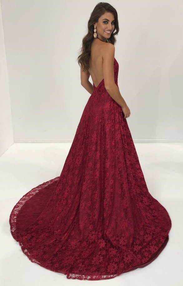 Charming Aline Halter Split Front Burgundy Lace Long Prom/evening