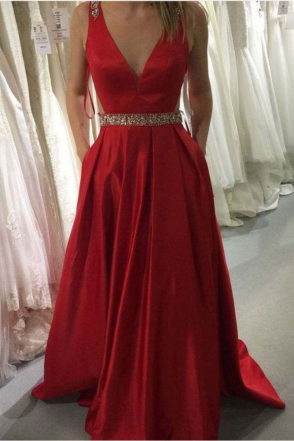 open lace back dress V-neckline Twin Pockets Red Long Prom Dress with Side Slit – loveangeldress main image 1