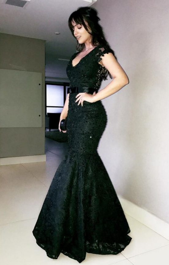 Charming V Neck Lace Mermaid Prom Dress Long Evening Dress main image 1