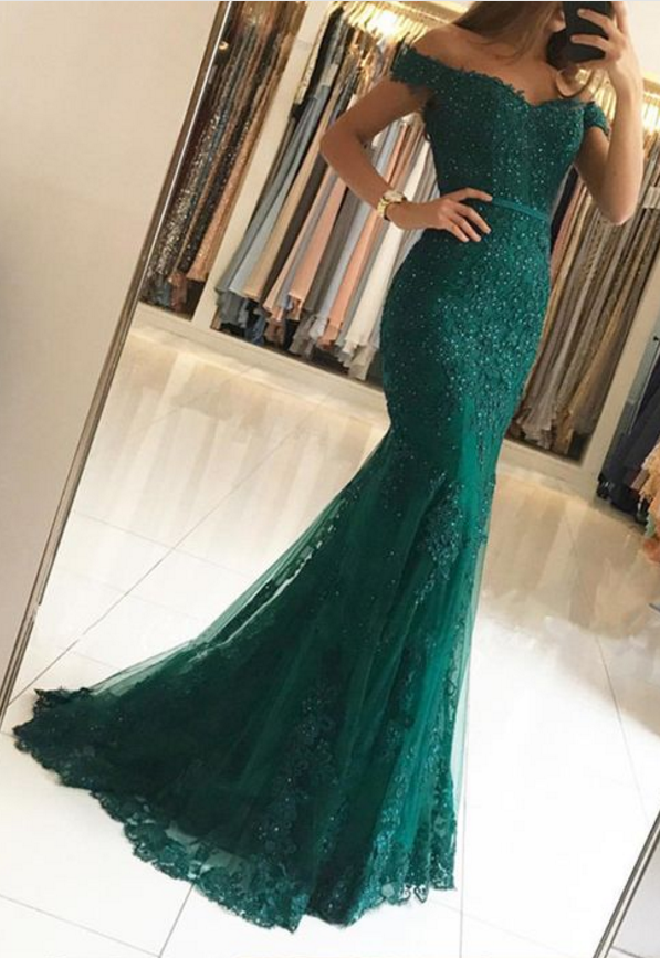 Dark Green Lace Prom Dresses,off The Shoulder Evening Gowns,emerald Green  Prom Dress,mermaid Prom Dr on Luulla