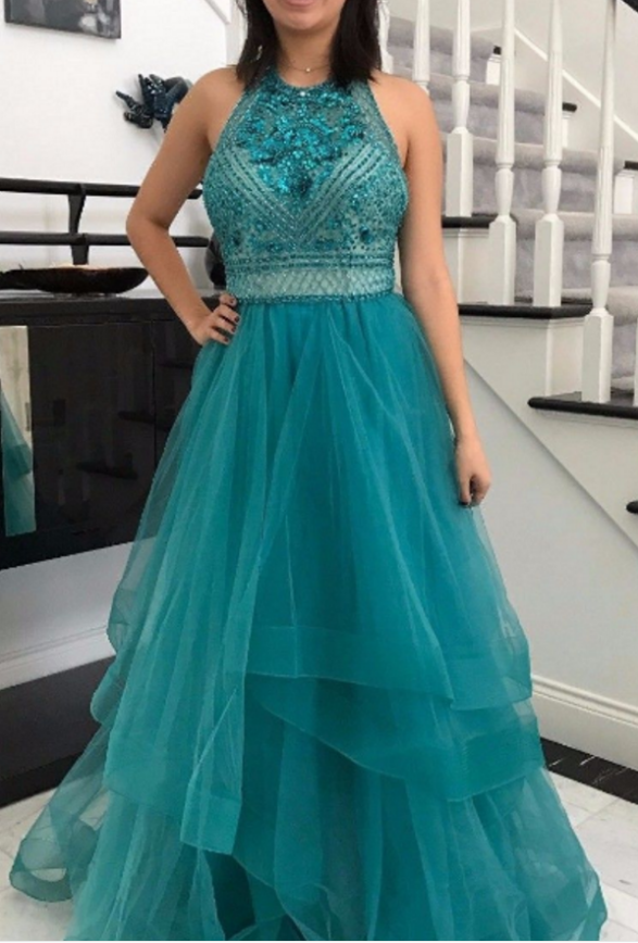 Elegant Beaded Halter Neck Flowy Open Back Floor-Length Evening Prom Dress main image 1