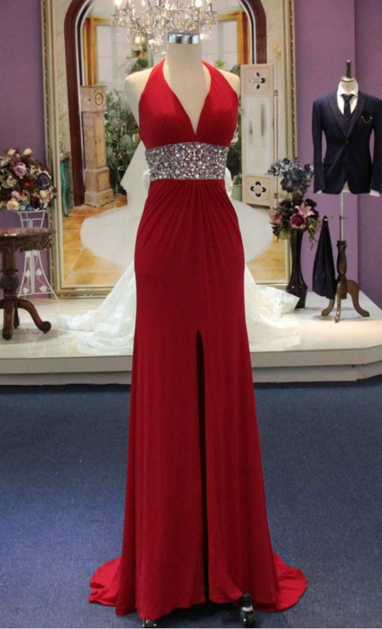 Red Two Piece Satin Beaded Long Prom Dresses with Slit LD16011201 main image 1