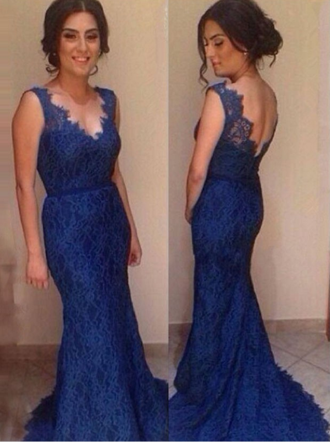 Mermaid Prom Dress/evening Dress - Royal Blue V-neck Lace