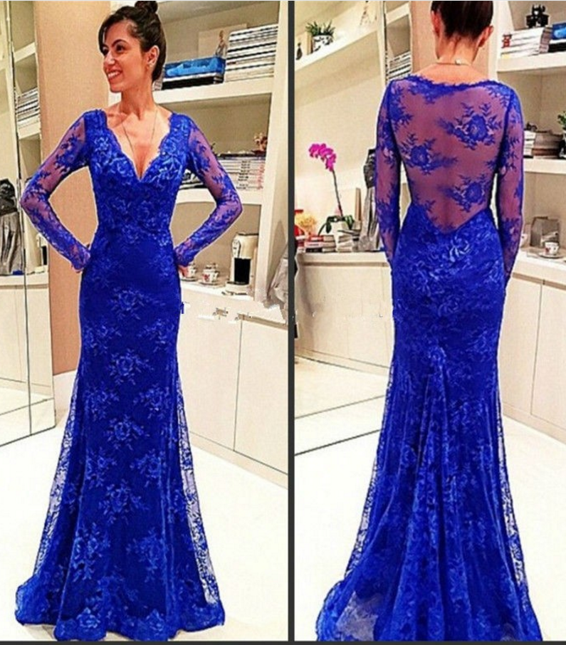 Sapphire Blue Long Sleeve Deep V-neck Elegant dress main image 0