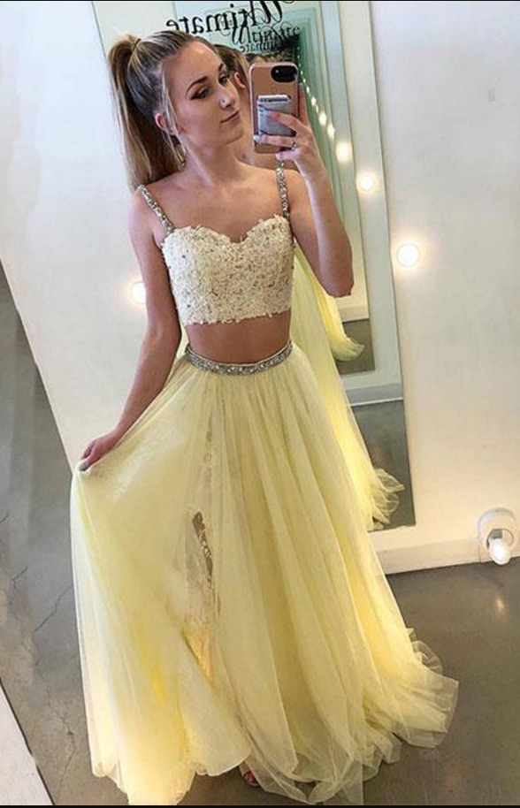 Noble Prom Dress,two Pieces Evening Dresses,appliques Prom Dresses,spaghetti Straps Prom Gown