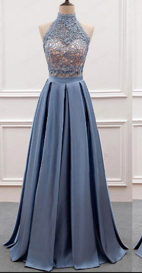 Two Piece Lace and Satin Long Prom Dresses main image 0
