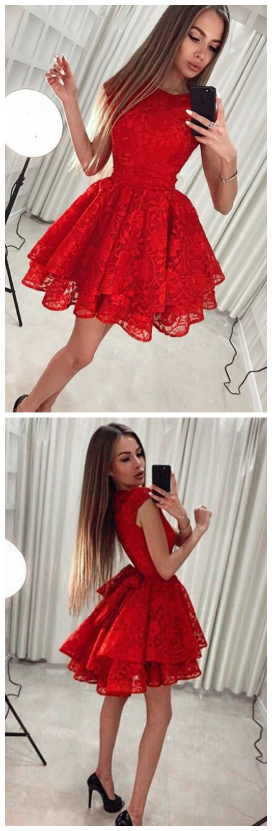 A-line Red Lace Tiered Short Homecoming Dress With Bowknot