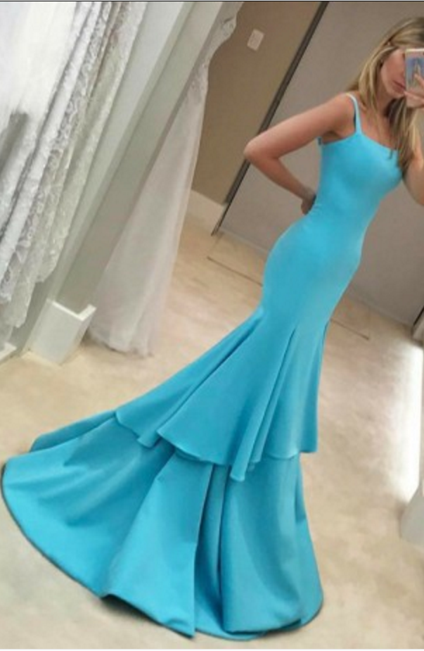 Mermaid Square Sleeveless Sweep Train Blue Stretch Satin Prom Dress With Ruffles