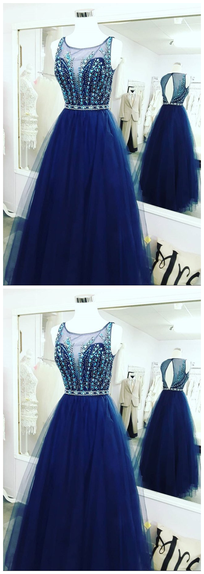 Gorgeous Royal Blue Tulle Long Prom Dress With Beads Online main image 1