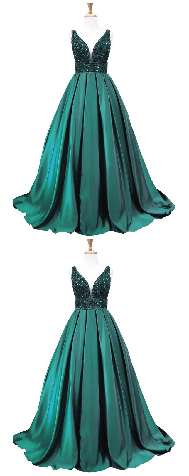 Dark Green Tulle Spaghetti Straps Beading Formal Prom Dress main image 1