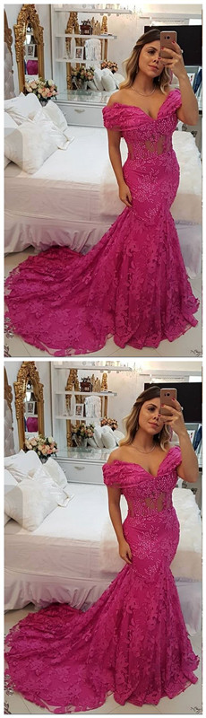 Fushia Prom Dresses, Off The Shoulder Prom Dress, Mermaid Prom Dresses, Lace Prom Dress, Arabic Prom Dresses, Lace Prom Dress