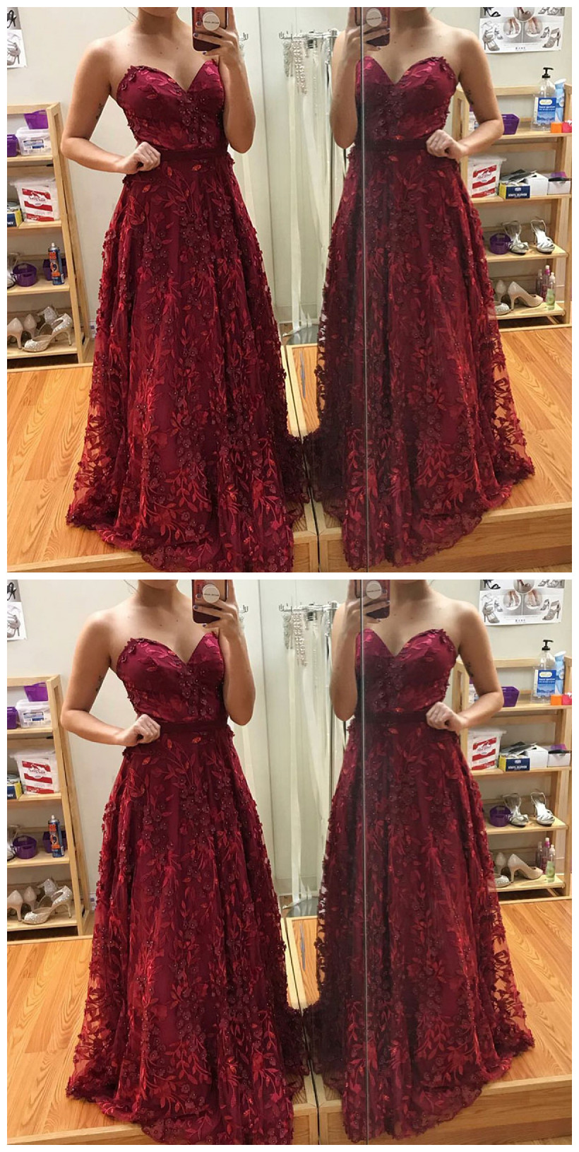 A-line Sweetheart Floor-length Burgundy Lace Prom Dress With Beading