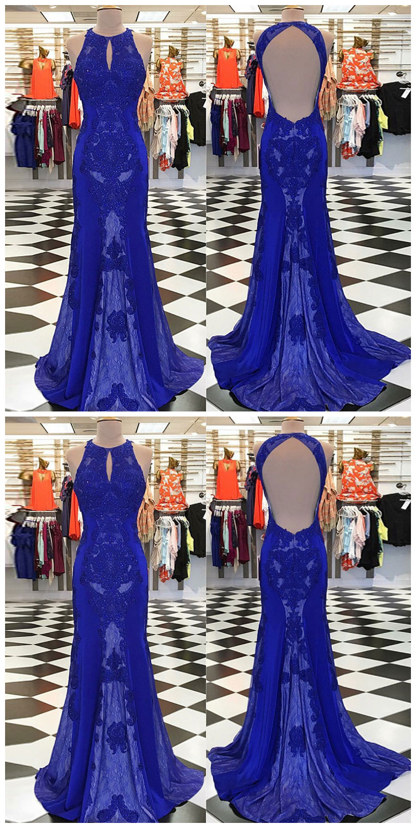 Mermaid Round Neck Keyhole Open Royal Blue Prom Dress With Lace Beading
