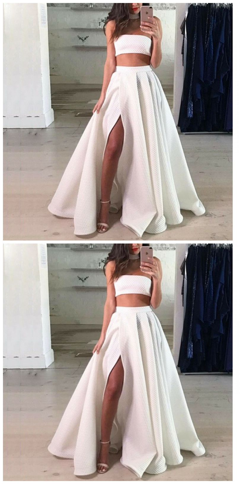 Elegant Two Pieces Strapless Long White Tiered Prom Dress Birthday Outfits