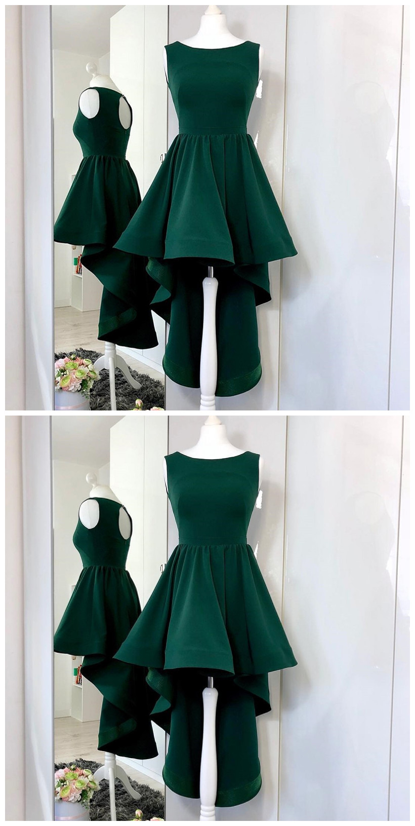 A-line Round Neck High-low Open Back Green Prom Dress With Ruffles on ...