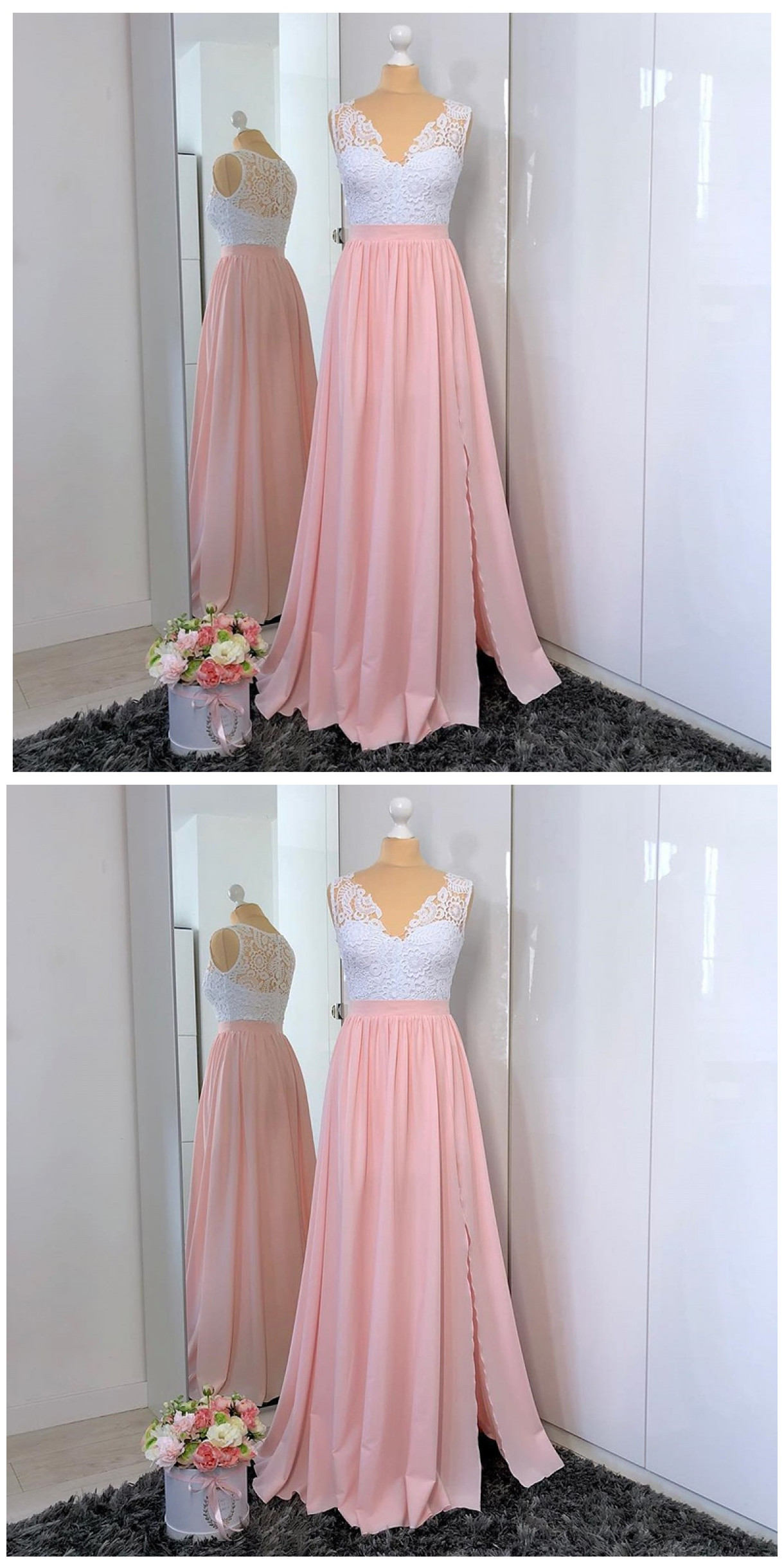 A-line V-neck Split Front Pink Satin Prom Dress With White Lace