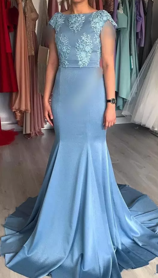 Mermaid Formal Evening Dresses Short Sleeve Jewel Lace Applique Sweep Train Satin Prom Party Gown Plus Size Mother Of Bride Wear