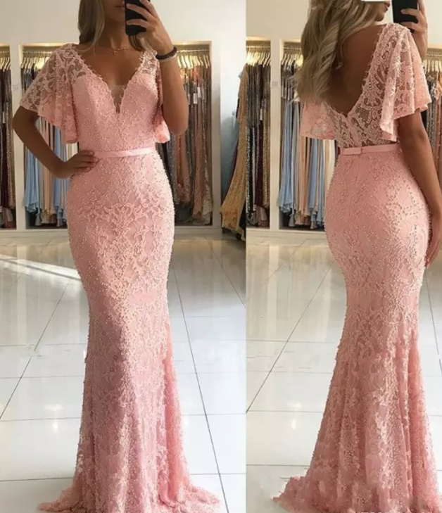 Pretty Pink Halter Lace Mermaid Evening Dress Long Birthday Party Dress