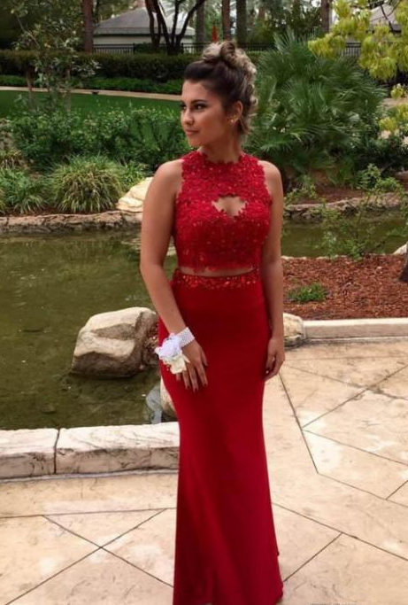 Red Mermaid Prom Dresses O-neck Sleeveless Zipper Party Gowns Floor Length Jersey And Lace Long Two Pieces Evening Dresses Wear