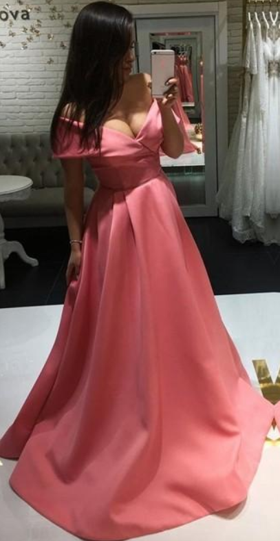 Simple Water Melon Prom Dresses Off Shoulder Pleats A Line Long Modest Satin Evening Party Gowns Plus Size Customized