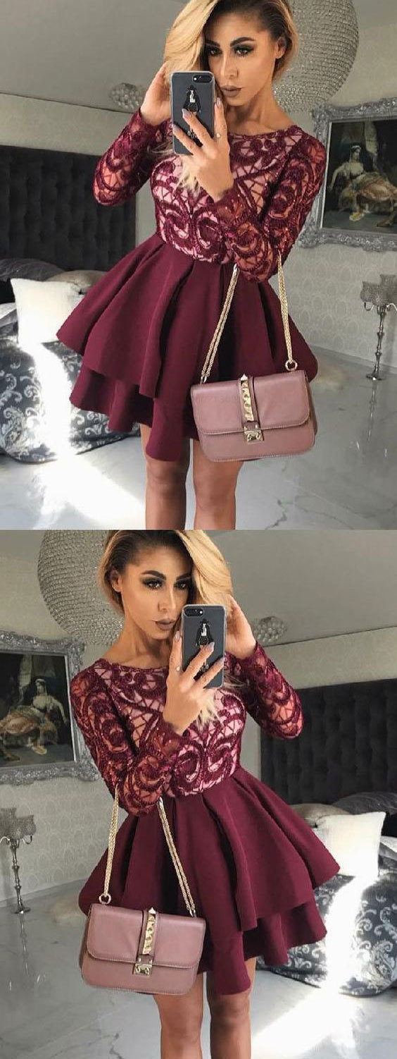 Dark Burgundy Homecoming Dress Short Prom Dress with Long Sleeves