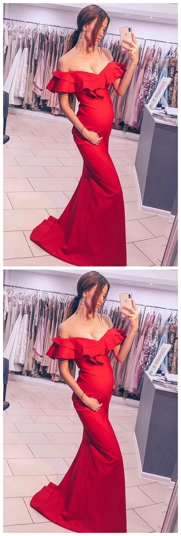 Mermaid Off-the-shoulder Sweep Train Red Prom Dress With Ruffles