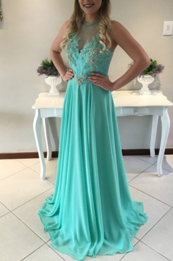 Green Chiffon Prom Dresses Long A-line Sleeveless Evening Dresses Appliques Formal Gowns Sexy Party Pageant Dresses For Teens Girls