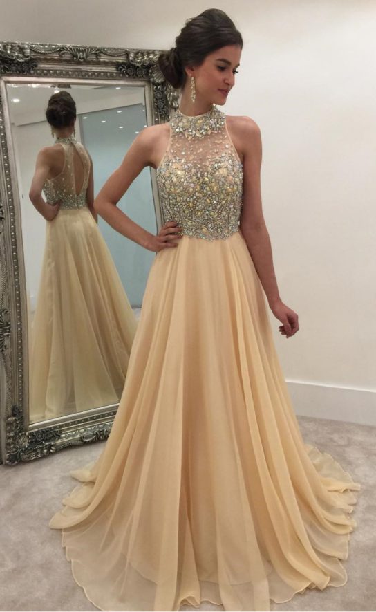 Champagne Long Chiffon A-line Formal Dress Featuring Rhinestones Beaded Bodice With Illusion Halter Neckline,long Elegant Prom Dresses