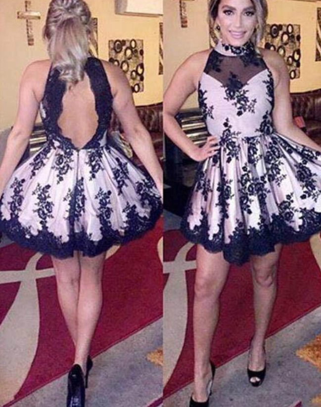 High Neck Homecoming Dresses Black And White Hollow Back Lace Plus Size Knee Length Short Prom Dress Cocktail Gowns Party Club Wear Gowns