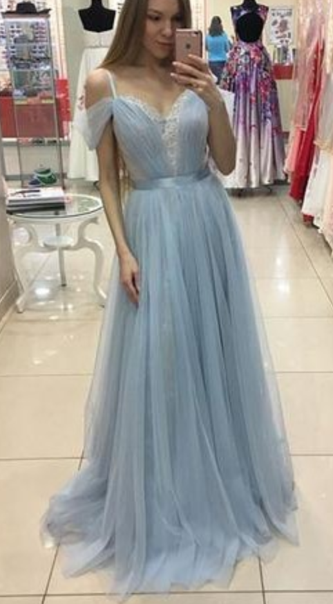 A-line Sweep Train Baby Blue Formal Dress Cap Sleeves Beautiful Straps Tulle Prom Dress