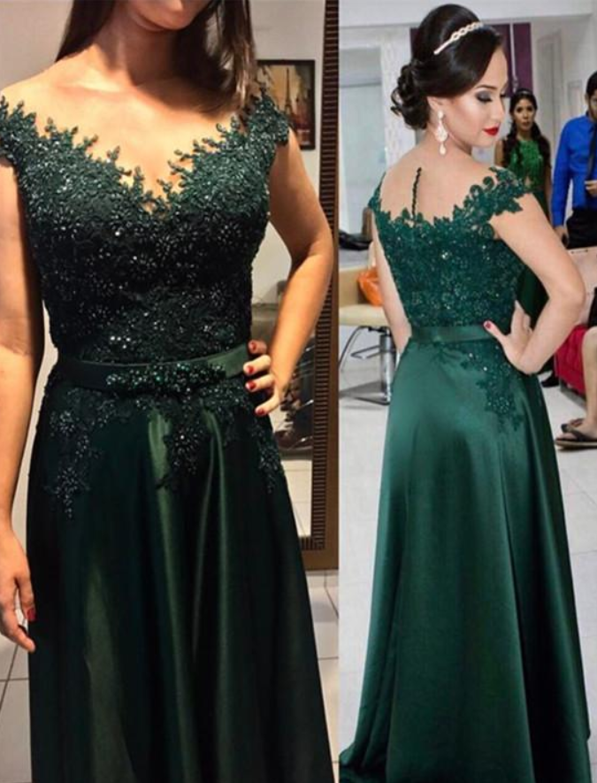 Sheer Neck Emerald Green Prom Dress