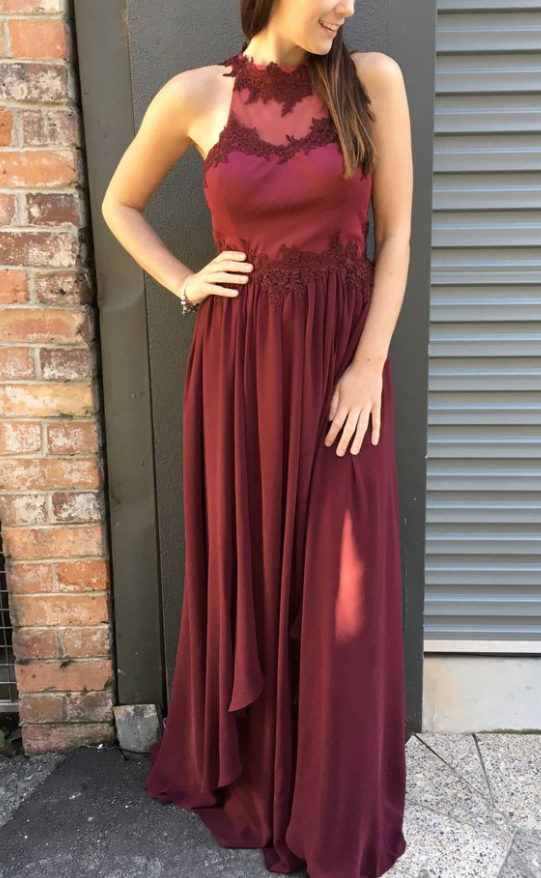 Gorgeous Burgundy Chiffon Long Prom Dress With Open Back,high Neck Backless Evening Dresses