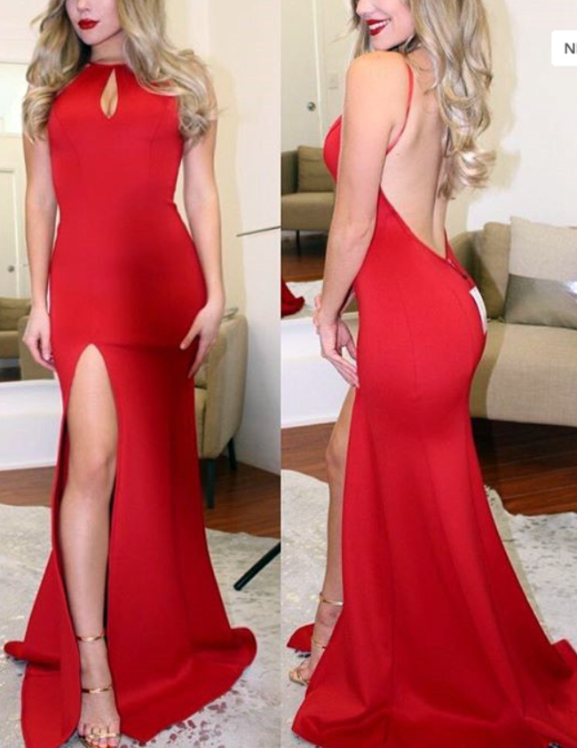 Gorgeous Mermaid Long Red Backless Prom Dress With Slit