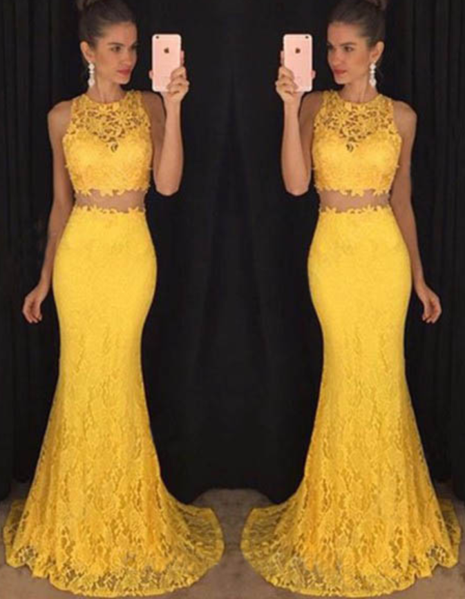 Two Piece Mermaid Prom Gown,lace Evening Gowns,formal Dress For Teens,round Neck Yellow Sleeveless Prom Dresses