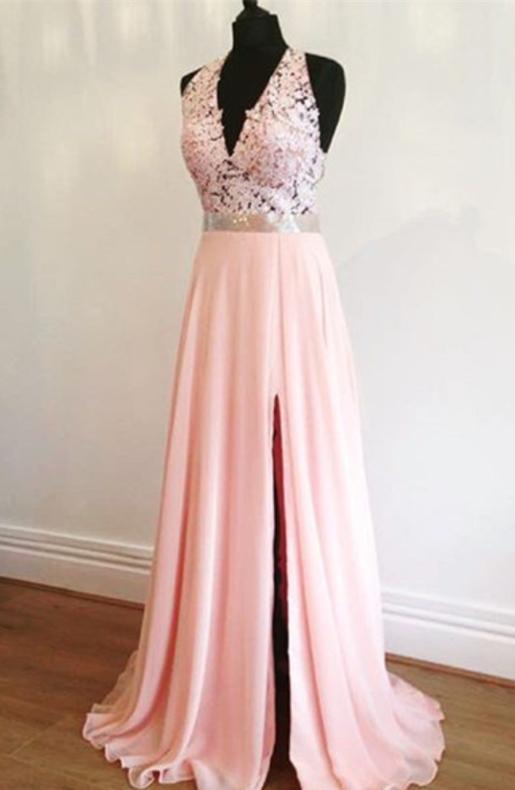 Elegant Lace Halter Pink Chiffon Prom Dresses With Slit Design